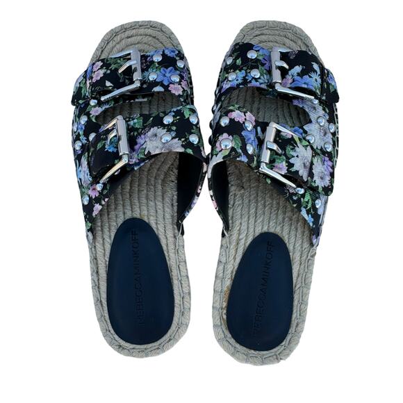 Rebecca Minkoff Jodi Black Pink Floral Double Buckle Strap Espadrilles Sandal 6M - Picture 8 of 10